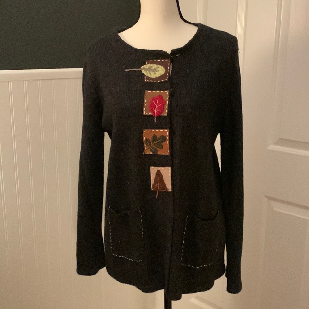 Curio Women's Black Cardigan Sweater with Leaf Accents